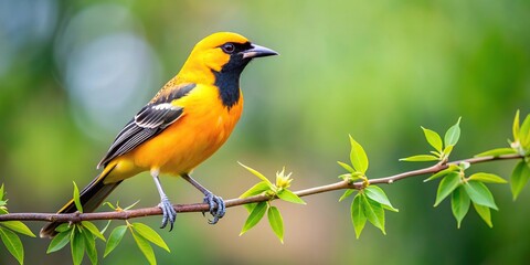 Fototapeta premium A Hooded Oriole perched on branch in soft light with green foliage background