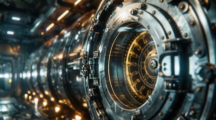 Futuristic metallic machinery with intricate designs and illuminated components in a sci-fi environment.