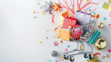 Shopping cart and gifts on white background