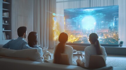 Fototapeta premium A family in a futuristic home watching a holographic TV that adjusts size and position according to viewer preferences.