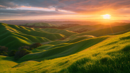 Obraz premium Rolling green hills at sunset with glowing sunlight and dramatic sky