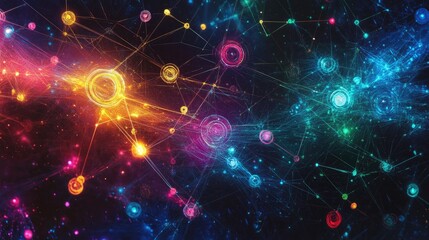 Obraz premium A futuristic geometric background with neon-colored circles and dotted lines creating a tech-inspired network.