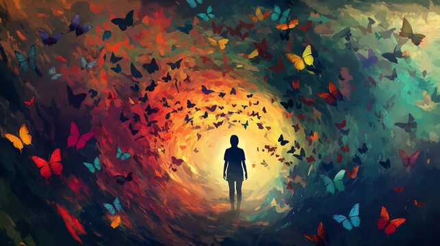 Woman Walking Towards Light Butterfly Swarm