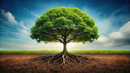 A tree with deep roots symbolizing a strong foundation of thought from above