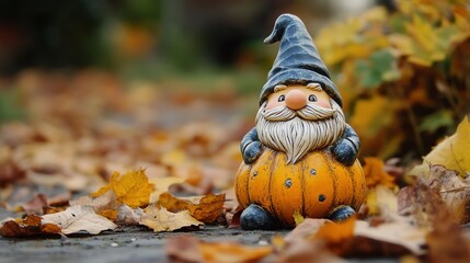 Obraz premium Adorable Halloween Scene Featuring a Cute Gnome and a Festive Pumpkin Set. Perfect for Seasonal Decorations and Holiday Celebrations