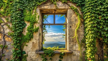 Abandoned building window covered in ivy plants creating a panoramic view