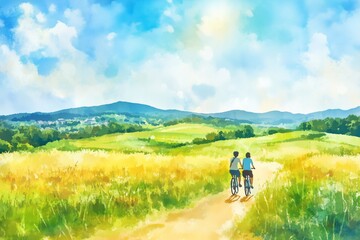 Two friends biking on a dirt path through lush green fields under a bright blue sky, enjoying a peaceful day in nature.