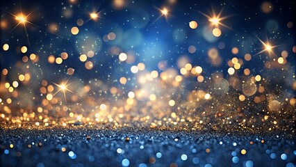 Obraz premium Dark blue background with shimmering gold particles and bokeh lights, creating a festive holiday atmosphere