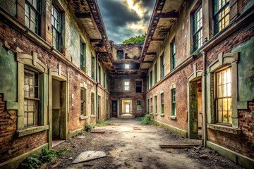 Fototapeta premium Abandoned mental institution with decayed walls and eerie silence, creating a haunting atmosphere of neglect