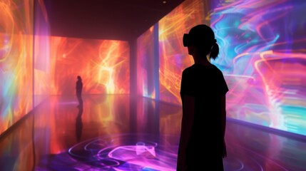 A woman stands in a dark room, silhouetted against a vibrant and colorful digital art installation while wearing a VR headset. The glowing abstract patterns enhance the immersive and surreal