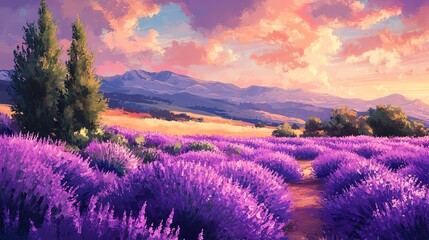 Obraz premium Vibrant lavender field under a colorful sky at sunset, showcasing nature's beauty in a serene landscape.