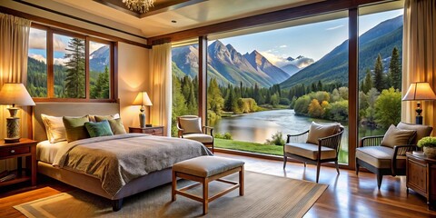Tranquil bedroom with cozy furniture overlooks serene river flowing alongside majestic ridge