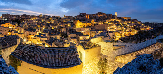 Obraz premium Panorama of the historic old town of Matera in southern Italy at dusk