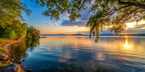 Lake Champlain in the evening, focusing on a secluded cove, surrounded by tall trees and overhanging branches, bathed in the soft, golden light of dusk.