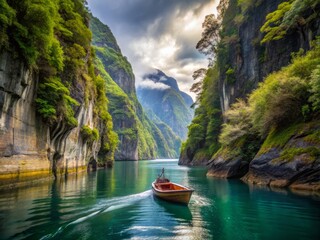 Chilean Coast after the rain, a small wooden boat navigating through a narrow fjord, surrounded by steep cliffs and lush tropical vegetation.
