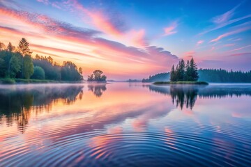 Fototapeta premium Gentle ripples on a serene lake at dawn, reflected in soft pink and blue hues, with a subtle texture resembling watercolor painting in the background.