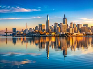 Obraz premium San Francisco Bay, California, USA in the morning with a panoramic view of the bay, the city's skyline stretching across the horizon, reflected in the calm waters.