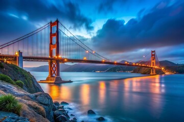 San Francisco Bay, California, USA in the morning with a dramatic, low-light shot of the Golden Gate Bridge, its towering pillars and suspension cables bathed in a deep, blue-gray atmosphere.