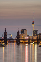 Berlin with the river Spree at twilight with the Oberbaum Bridge and the famous Television Tower