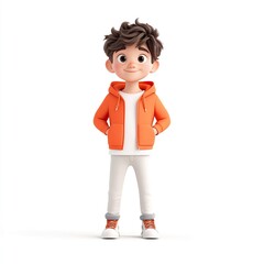 Fototapeta premium Cartoon boy wearing orange jacket and sneakers.