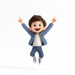 A cartoon child jumping with joy, arms raised high, with studio lighting, rendered in Blender
