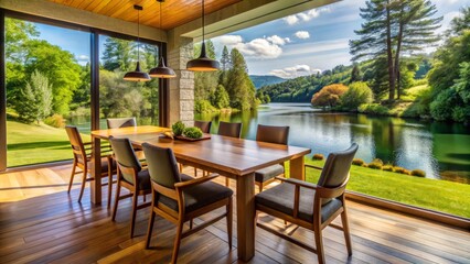 Fototapeta premium Wooden table and chairs arranged for dining in a room overlooking a scenic river with trees and a