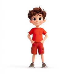 Smiling cartoon boy in red t-shirt and shorts standing with hands on hips.