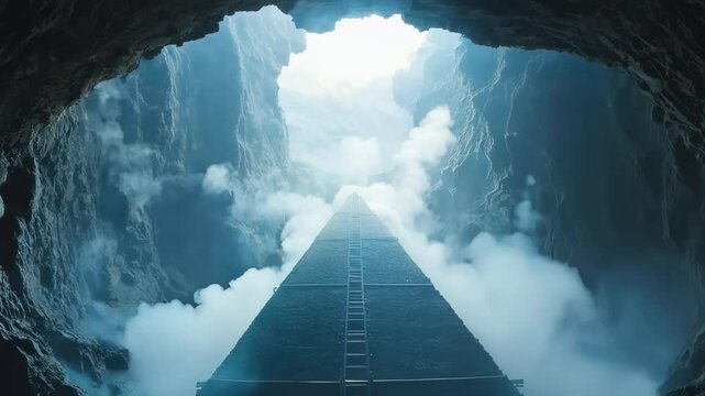Pyramidal generator expels steam in cavernous chamber. Wispy plumes undulate in electrostatic fields. Mysterious energy emanates from the structure, creating an otherworldly atmosphere.	