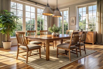 Fototapeta premium Worn wood dining table and chairs in a well-lit dining room with a classic aesthetic