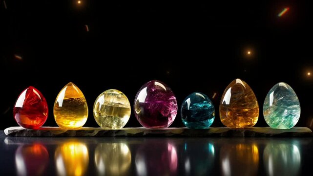 A Row of Chakra Crystals isolated on a Stone Slab With a Floating Embers Background
