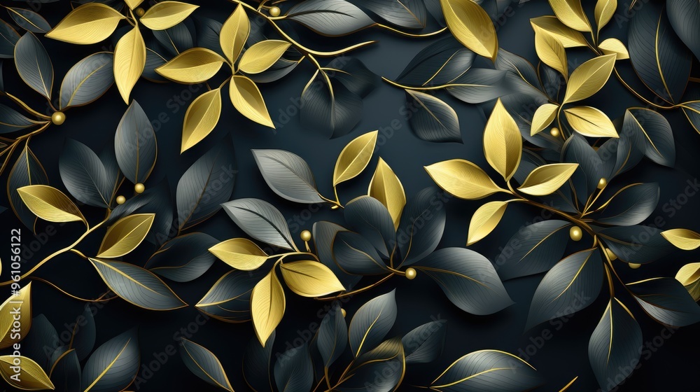 Poster luxury gold and black wallpaper background. tropical leaves wall art design in shiny golden light te