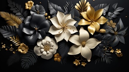 Luxury gold and black wallpaper background. Tropical leaves wall art design in shiny golden light texture,  