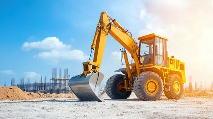 Obraz premium Yellow excavator on construction site with blue sky