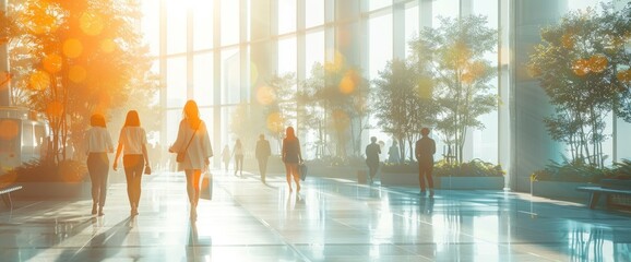 A group of people walking in a large, bright, and airy building