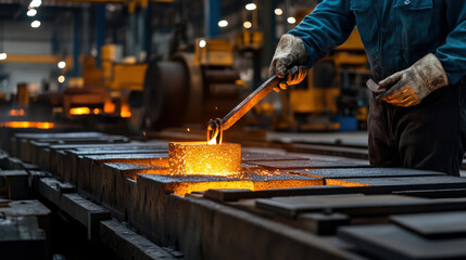 A foundry worker forges hot metal using tools in an industrial setting, with glowing metal and sparks flying.