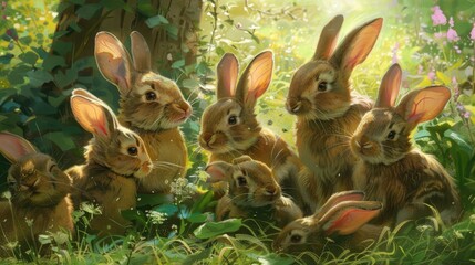 Obraz premium A rabbit is playing in the garden, its cheerful expression and wagging nose adding charm to the environment.