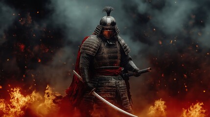 Naklejka premium Samurai Warrior in Armor Holding Katana Amidst Dark Smoke