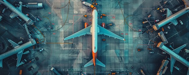 Aerial view of a bustling airport with multiple airplanes at departure gates, capturing the dynamic flow of travel, airline, global connectivity