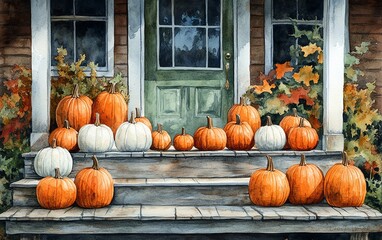 watercolor painting of pumpkins arranged on a front porch, rustic vintage style, cottage ambiance
