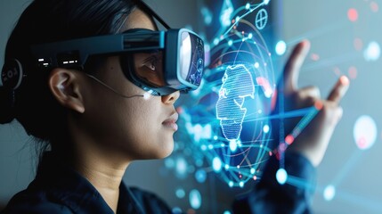 Woman Wearing VR Headset Interacting with Virtual World