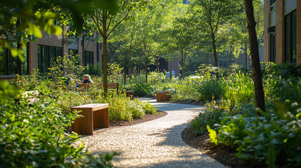 A serene hospital garden, surrounded by greenery, peaceful and healing atmosphere