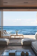 Fototapeta premium Modern Luxury Living Room With Pool And Ocean View.