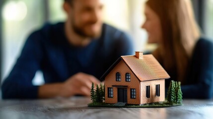 Couple discussing their dream home with a miniature house model in focus. A symbol of love and future together.