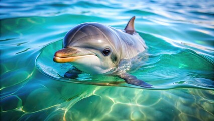 Obraz premium Adorable baby dolphin swimming playfully in the ocean, baby, dolphin, animal, cute, underwater, marine, mammal, aquatic, wildlife