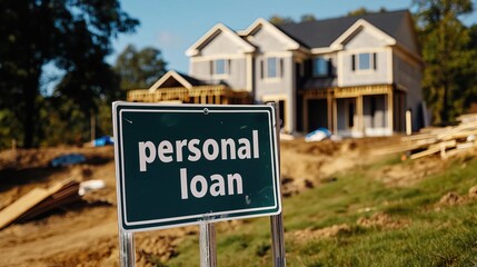 Obraz premium A sign indicating a personal loan in front of a house under construction, symbolizing financial support for home development.