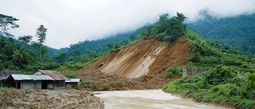 Landslide in a tropical region caused by heavy rainfall hills sliding with mudflow towards village