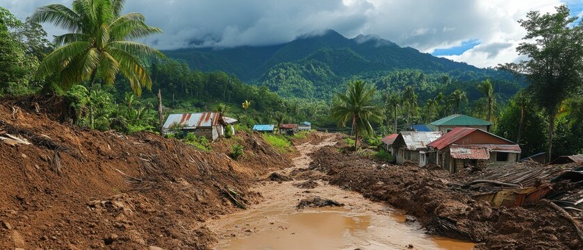 Landslide in a tropical region caused by heavy rainfall hills sliding with mudflow towards village