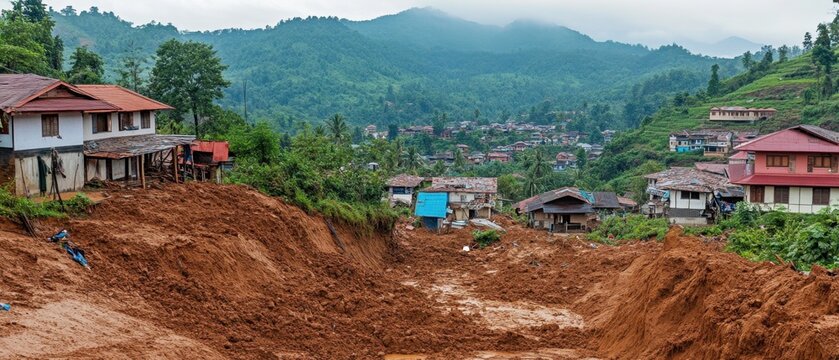 Landslide in a tropical region caused by heavy rainfall hills sliding with mudflow towards village