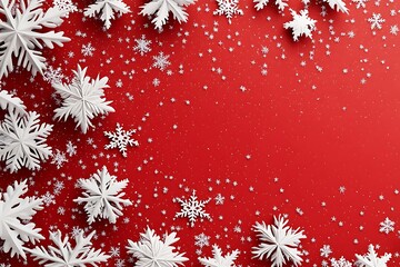 Red Christmas background with glitter snowflakes and stars frame in the center on a red color. Vector illustration