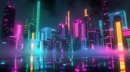 Obraz premium Futuristic Neon Cityscape with Fog and Reflections